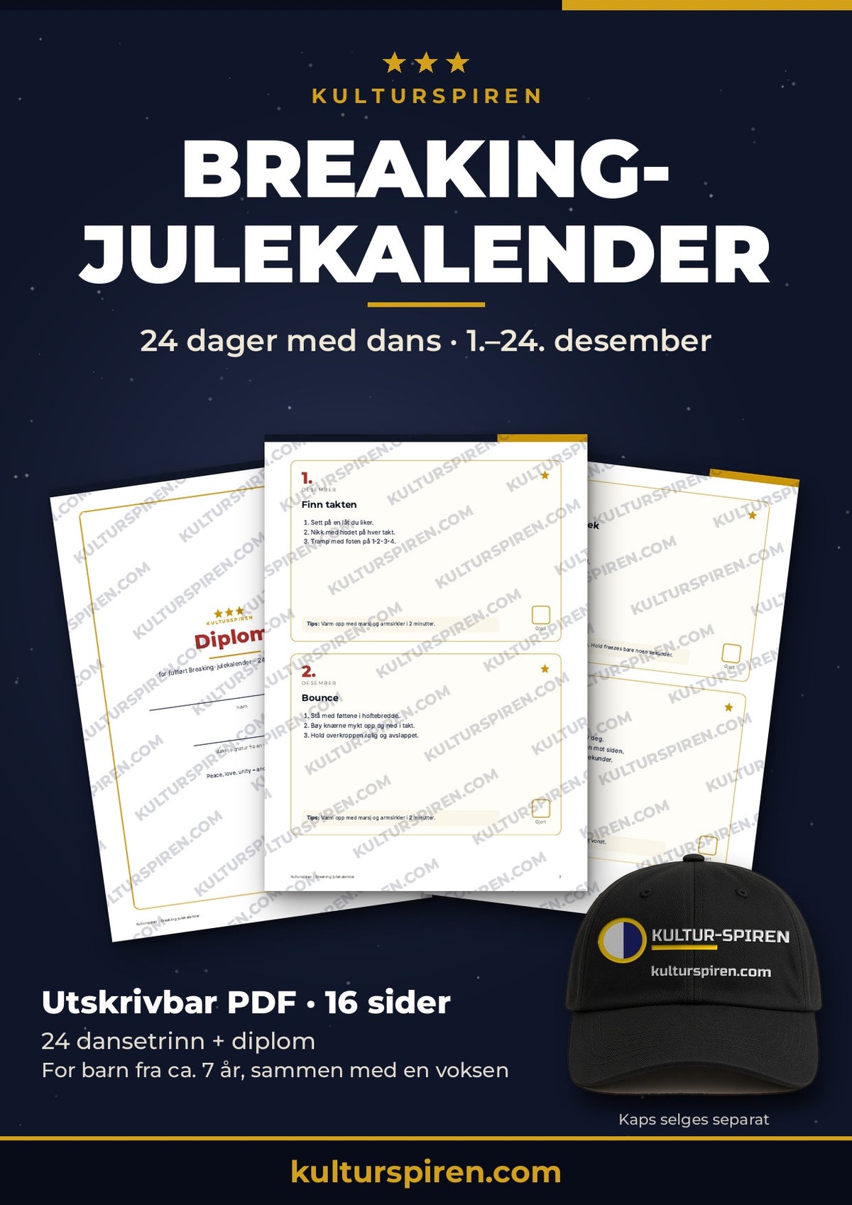 Breaking-julekalender – 24 dager med dans: sider fra den utskrivbare PDF-en med dansetrinn og diplom, og KULTUR-SPIREN-kaps (selges separat)