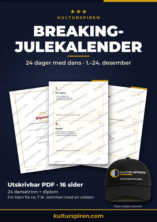 Breaking-julekalender – 24 dager med dans: sider fra den utskrivbare PDF-en med dansetrinn og diplom, og KULTUR-SPIREN-kaps (selges separat)