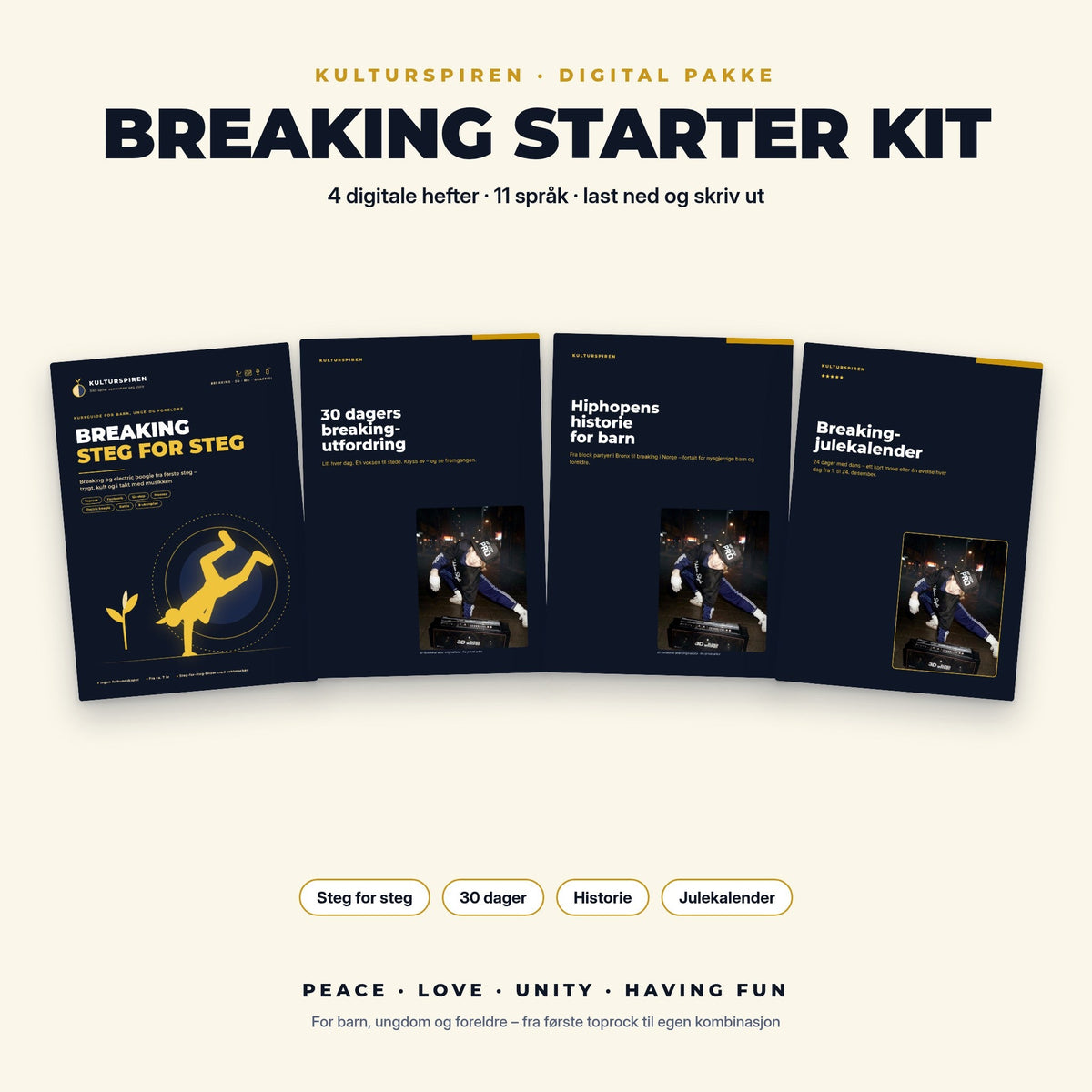 Breaking Starter Kit – 4 digitale hefter: Breaking steg for steg, 30 dagers utfordring, Hiphopens historie og Breaking-julekalender
