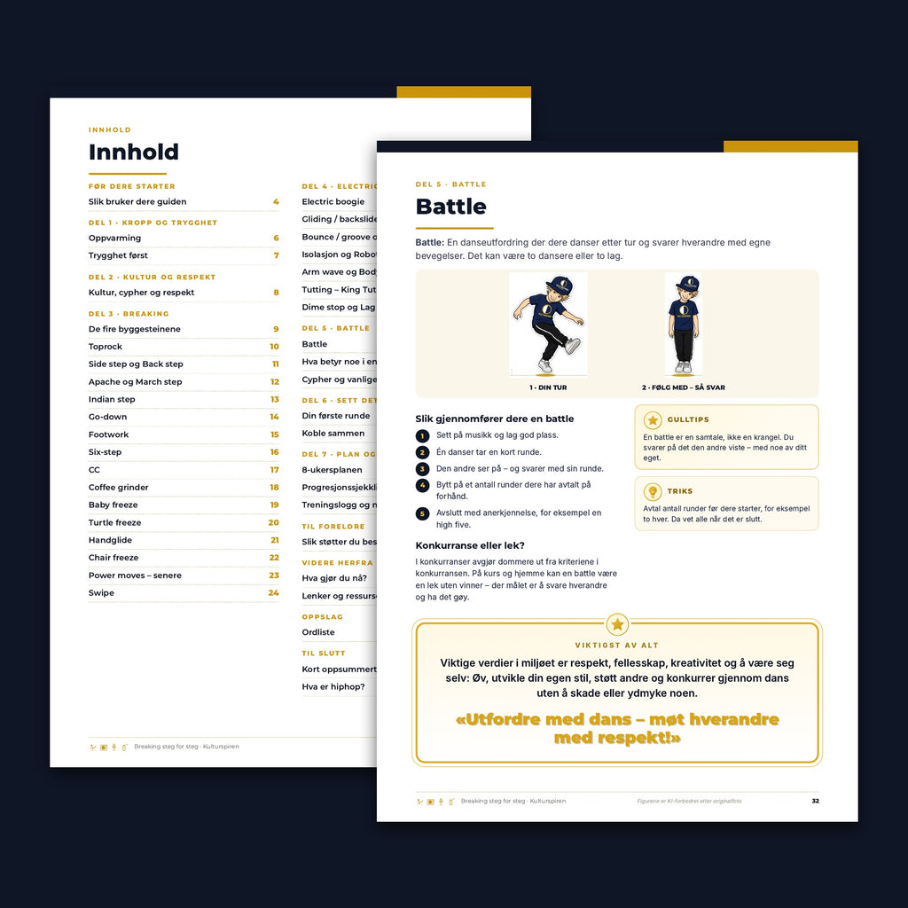 Innholdsfortegnelse og battle-siden i guiden Breaking steg for steg