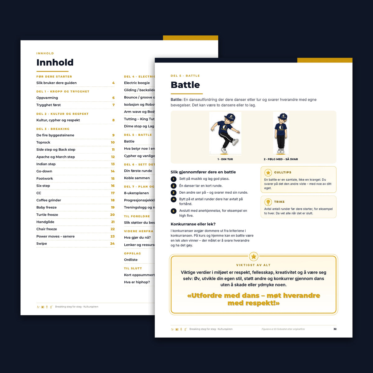 Innholdsfortegnelse og battle-siden i guiden Breaking steg for steg