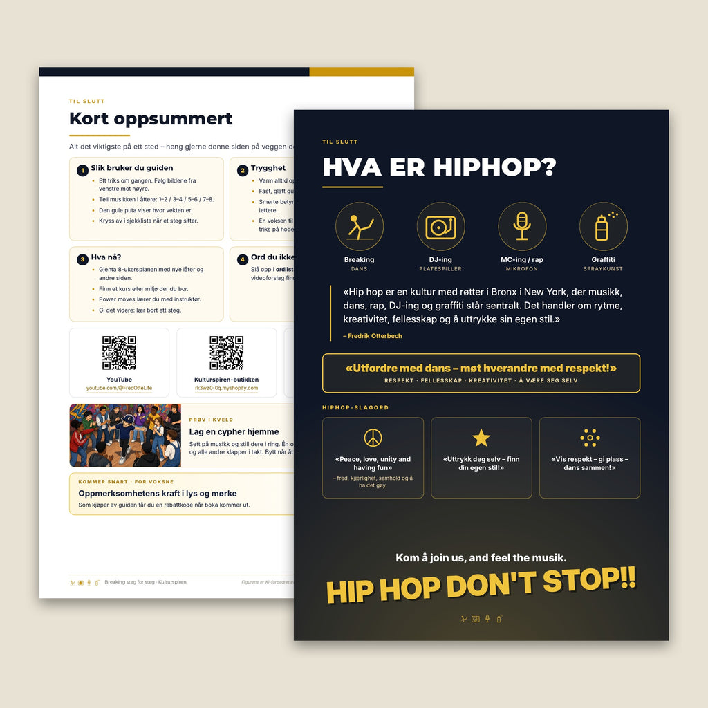 Sidene Kort oppsummert og Hva er hiphop? i guiden Breaking steg for steg