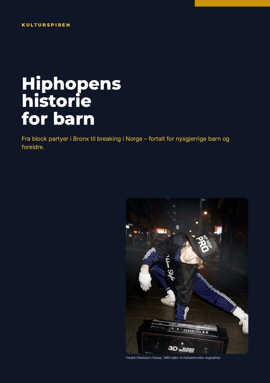 Forsiden av Hiphopens historie for barn med Fredrik Otterbech i freeze ved en ghettoblaster (KI-forbedret etter originalfoto)