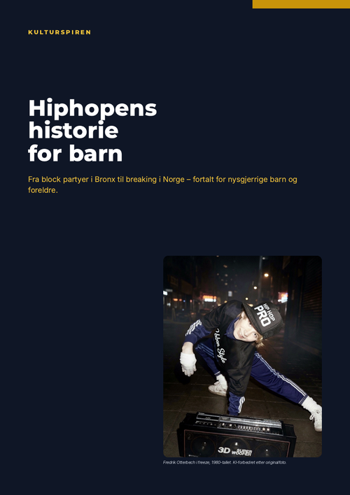 Forsiden av Hiphopens historie for barn med Fredrik Otterbech i freeze ved en ghettoblaster (KI-forbedret etter originalfoto)