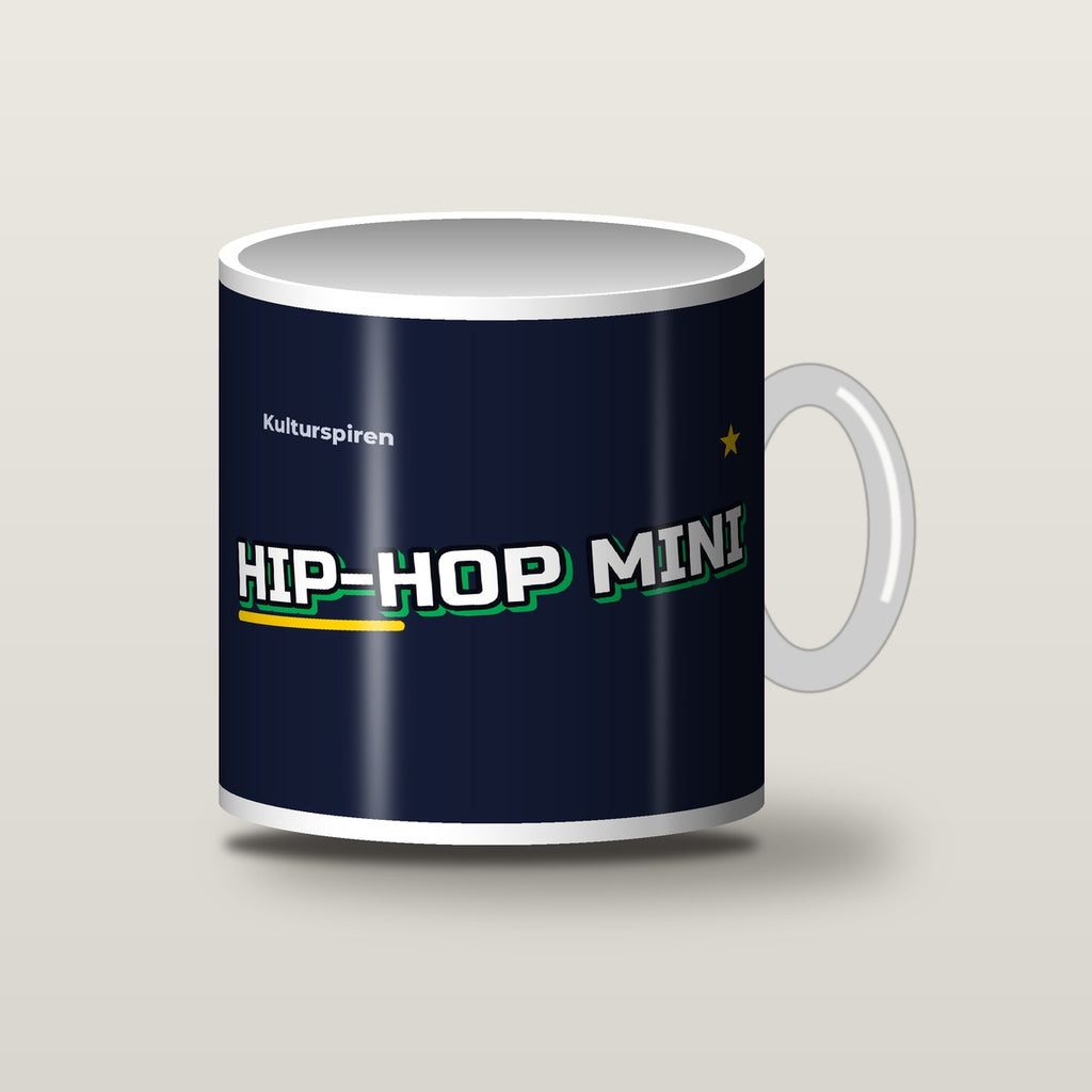 HIP-HOP MINI-kopp, hvit kopp med natt-blått trykk – forside med logo (illustrasjon)