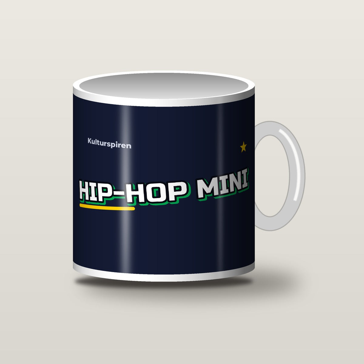 HIP-HOP MINI-kopp, hvit kopp med natt-blått trykk – forside med logo (illustrasjon)