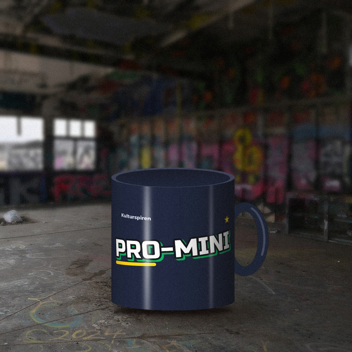 PRO-MINI-kopp på betonggulvet i et graffitilokale