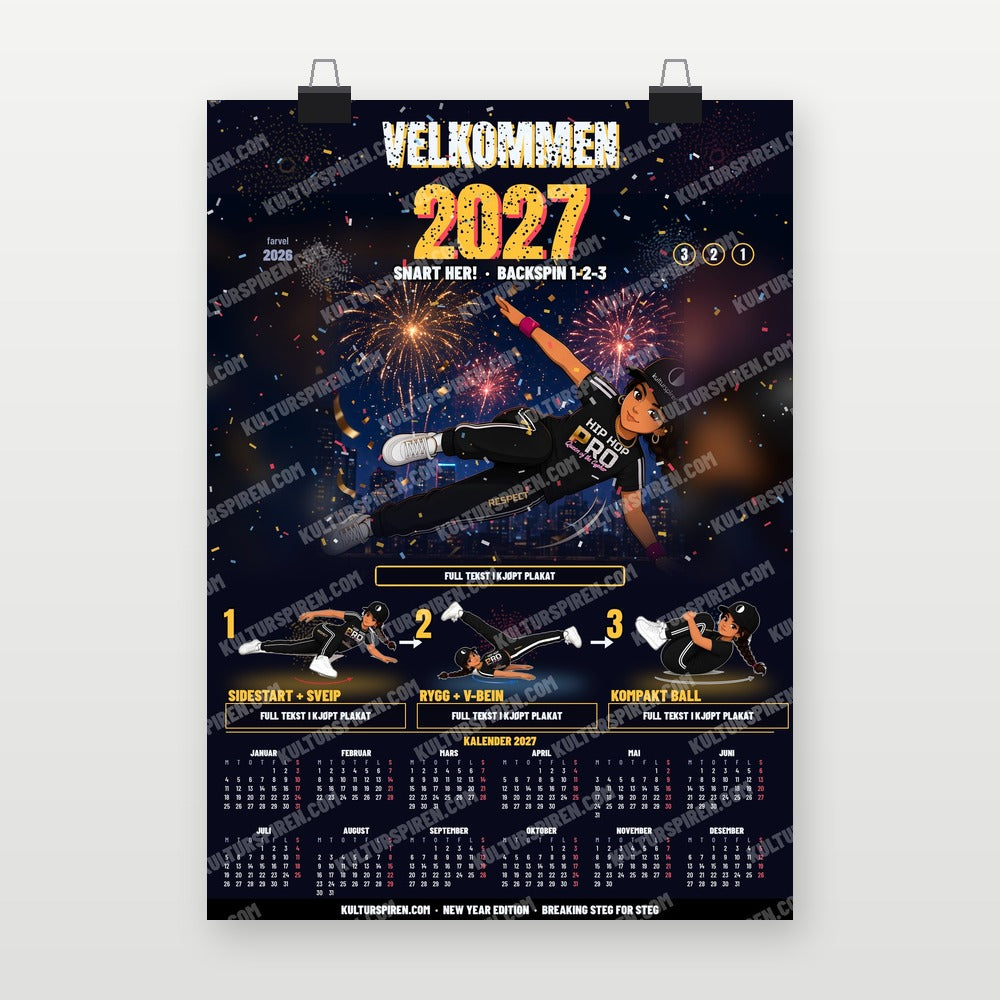 Nyttårsplakat Welcome 2027 Backspin – plakat på vegg (forhåndsvisning med vannmerke)