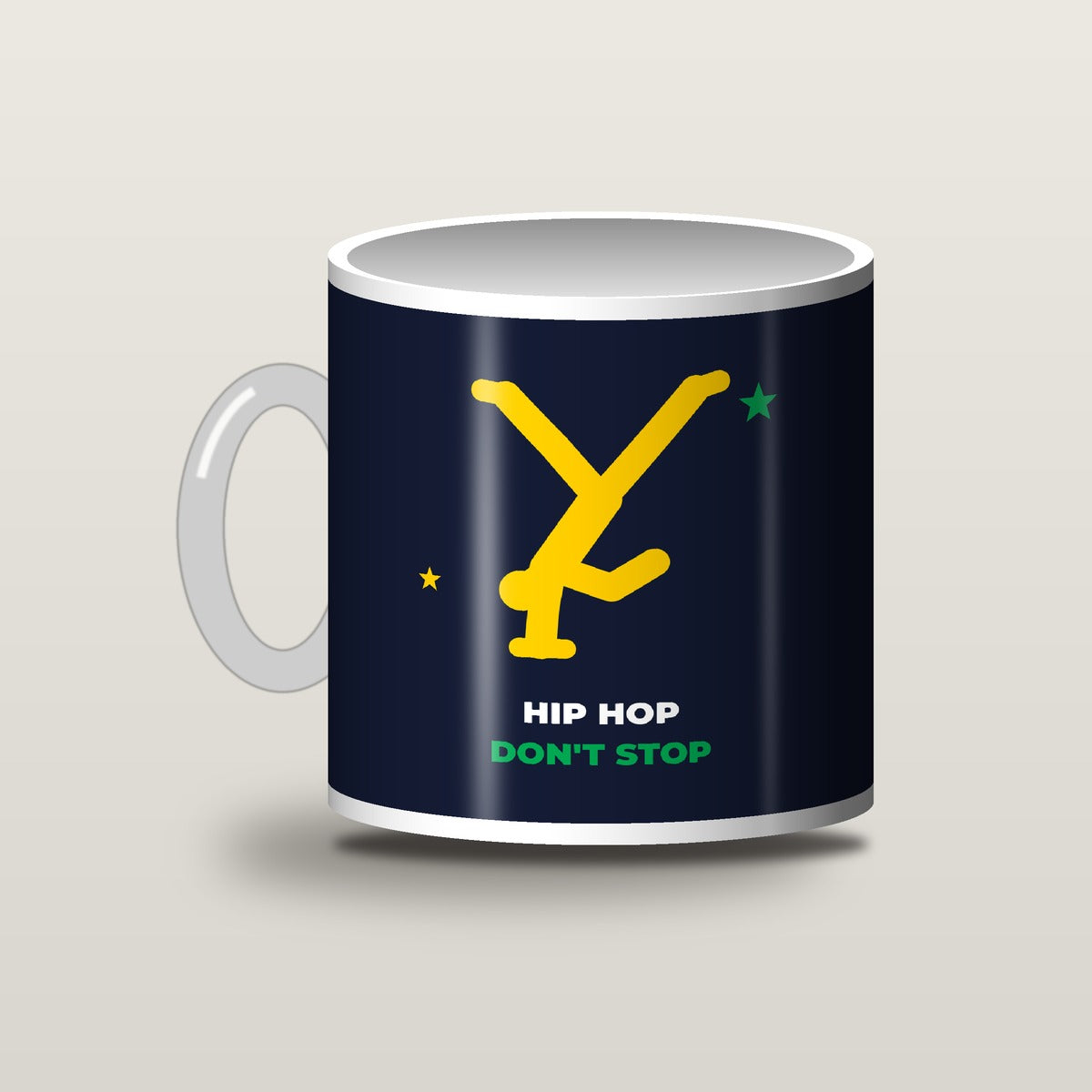 PRO-MINI-kopp, bakside med gul breaker og HIP HOP DON'T STOP – hvit hank og innside