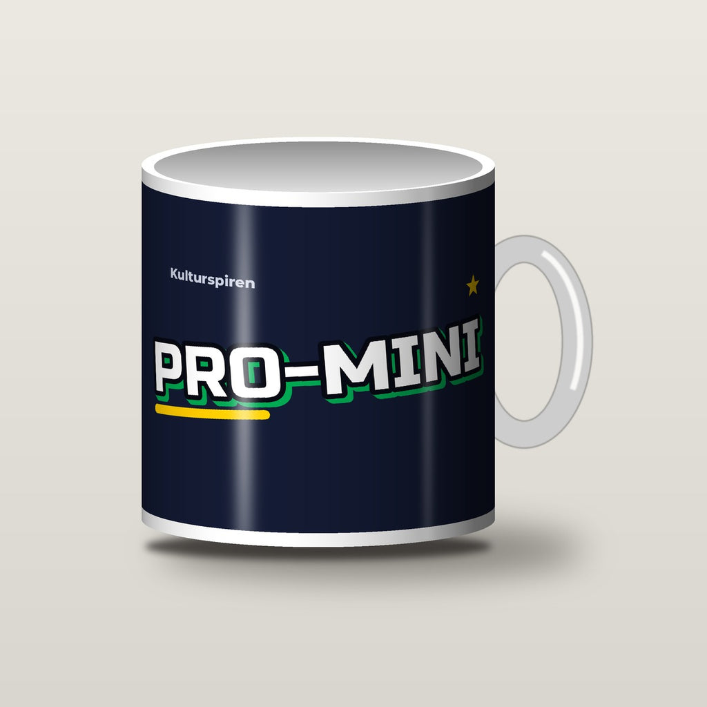 PRO-MINI-kopp, hvit kopp med natt-blått trykk og PRO-MINI-logo