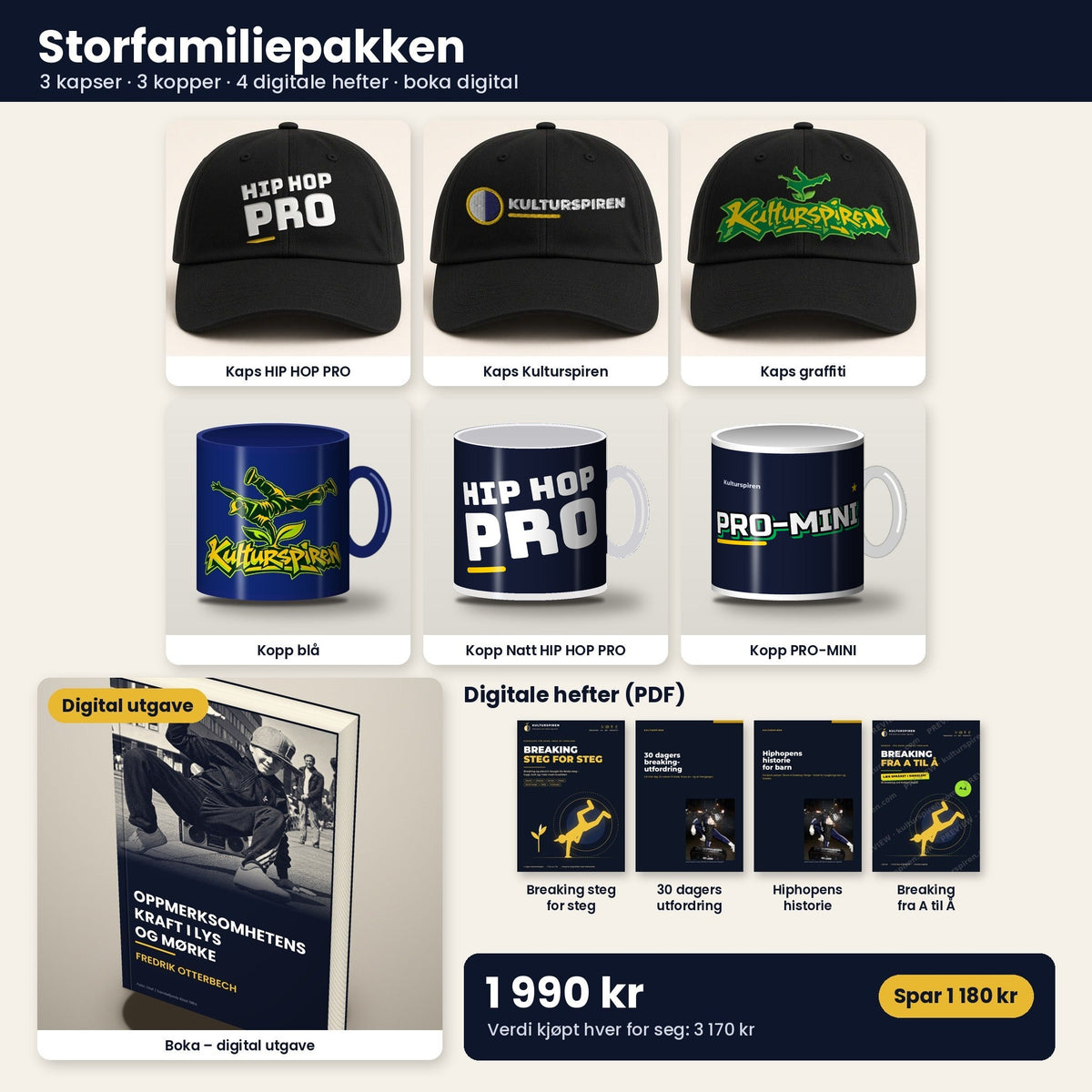 Storfamiliepakken – 3 kapser, 3 kopper, 4 digitale hefter og boka digital utgave