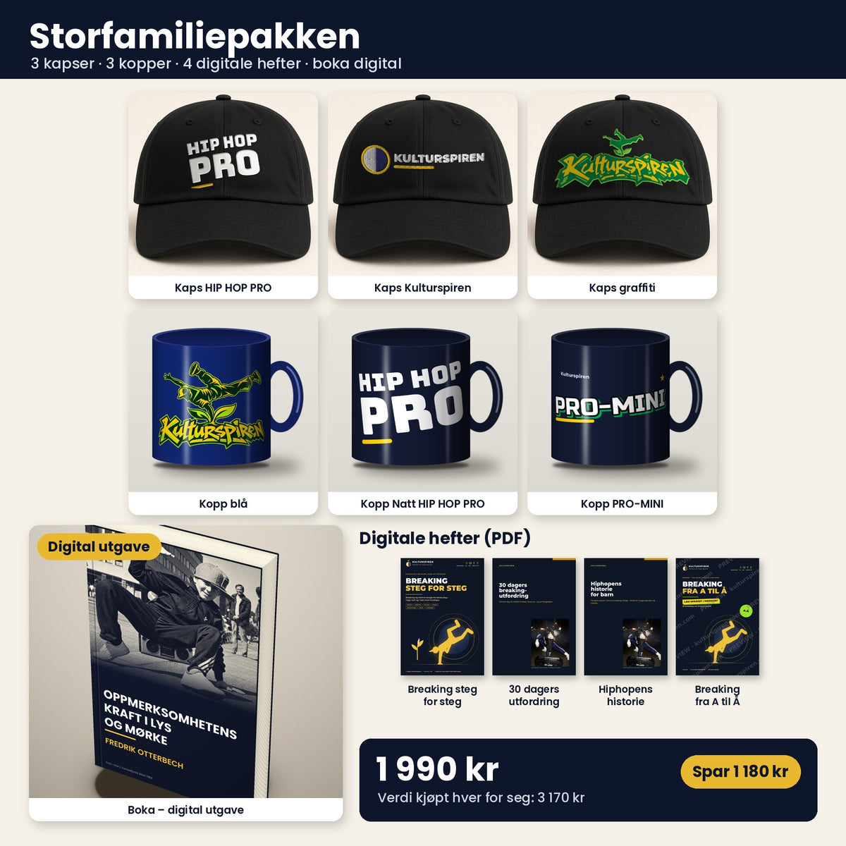 Storfamiliepakken – 3 kapser, 3 kopper, 4 digitale hefter og boka digital utgave