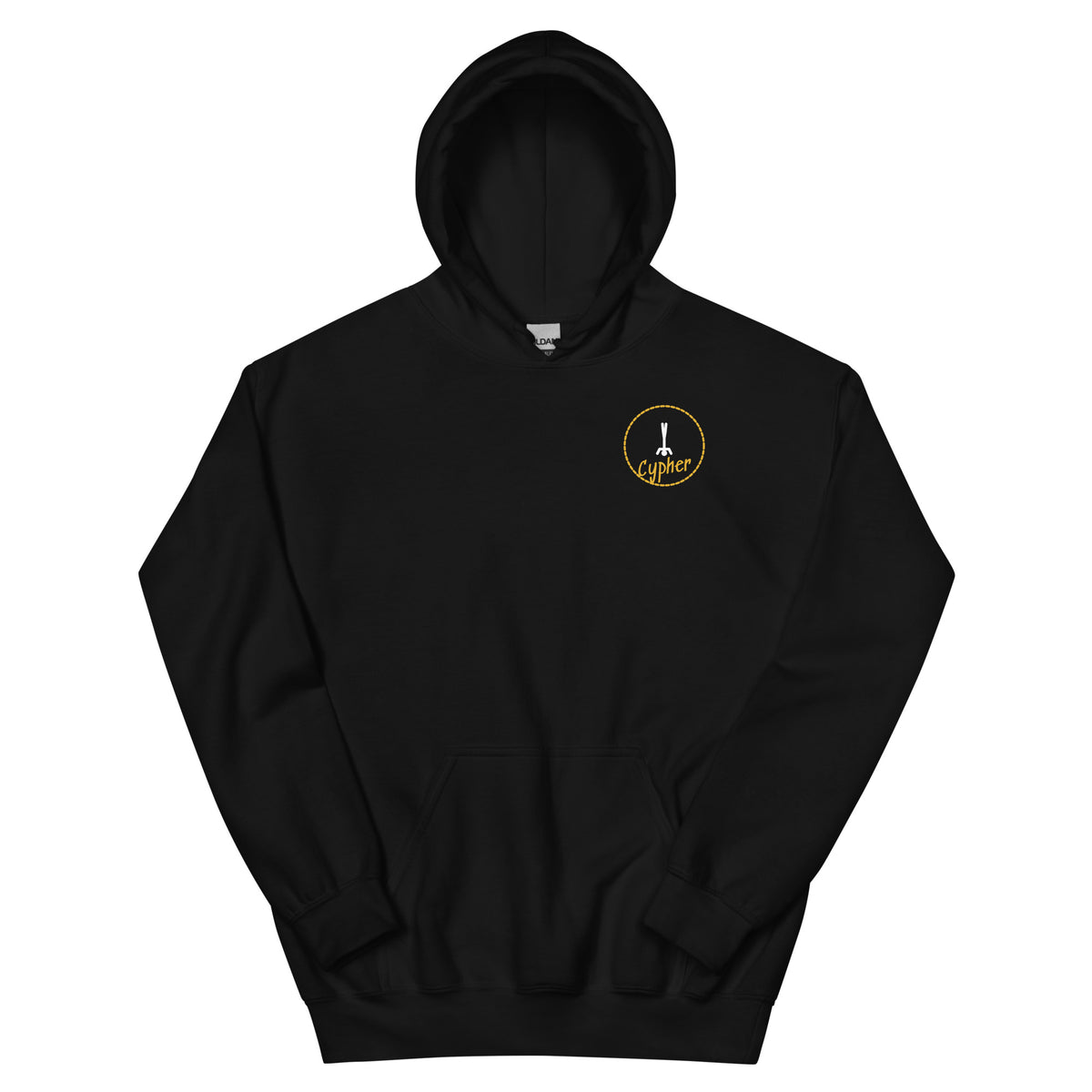 CYPHER Hoodie i svart – forfra med gullemblem på brystet